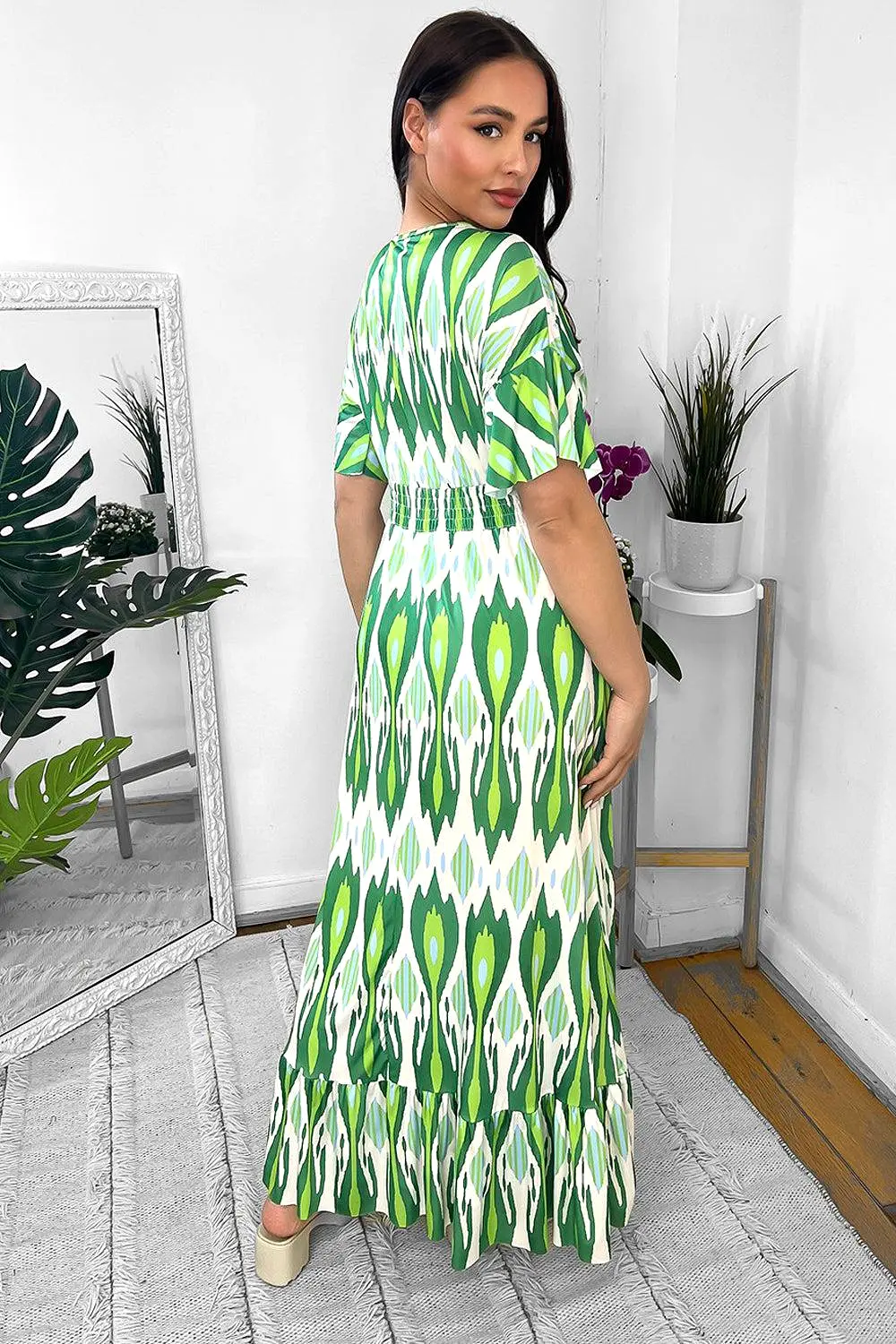 Green And White Kaleidoscope Print Shirred Waist Maxi Dress