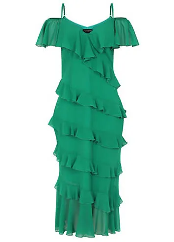 Green Frill Cold Shoulder Midi Dress by Little Mistress | Look Again