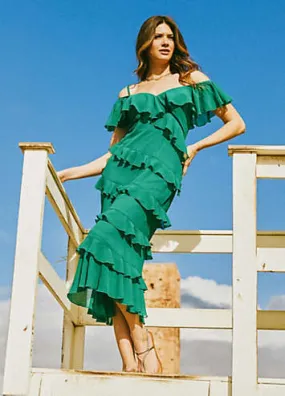 Green Frill Cold Shoulder Midi Dress by Little Mistress | Look Again