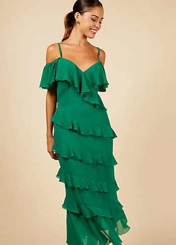 Green Frill Cold Shoulder Midi Dress by Little Mistress | Look Again