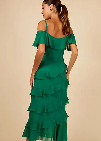 Green Frill Cold Shoulder Midi Dress by Little Mistress | Look Again