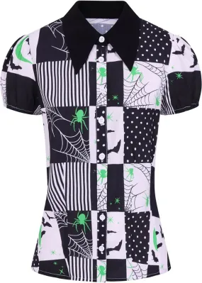 Hell Bunny Annie Bats 50's Blouse Black White