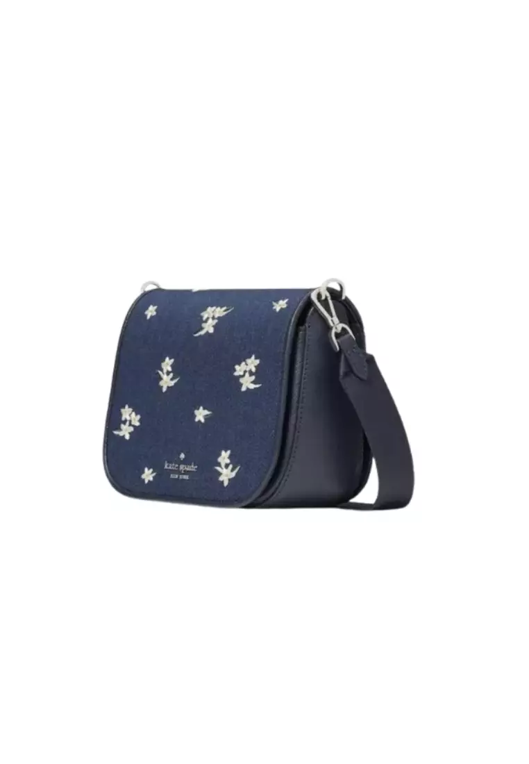 Kate Spade Kate Spade Madison Floral Embroidered Saddle Bag Denim In Blazer Blue KC626