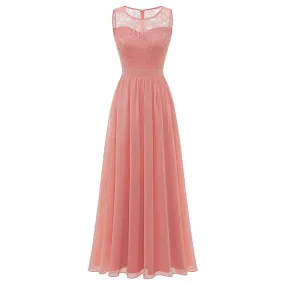 Lace Chiffon Swing Sleeveless Party Evening Round Neck Elegant Appliques A-Line Pink Blue Red Fall Long Prom Dress