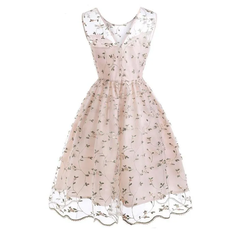 Little Flowers Embroidery Mesh Pink Deep V Back Pleated Simple Summer Casual Dress