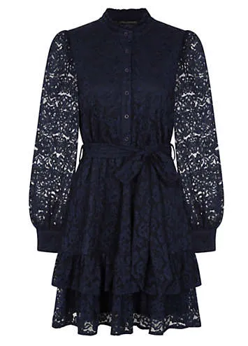 Little Mistress Navy Lace Mini Shirt Dress | Grattan