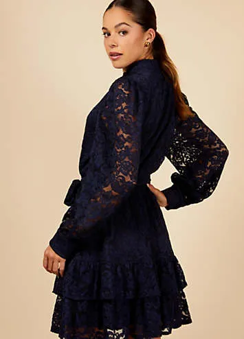 Little Mistress Navy Lace Mini Shirt Dress | Grattan