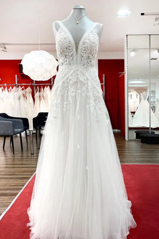 Long A-line Sleeveless Tulle Lace Appliques Open Back Wedding Dresses