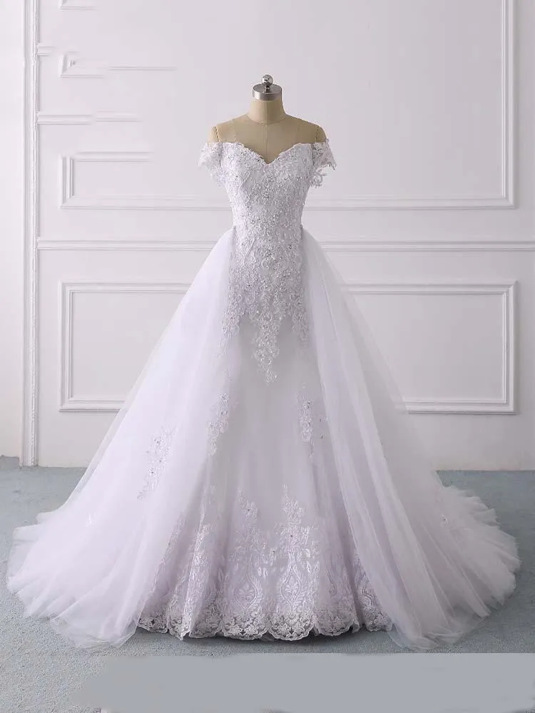 Long Mermaid Off-the-Shoulder Lace Tulle White Wedding Dresses