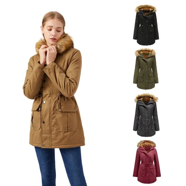 Loose parka coat with borg lining and big faux fur trim for women