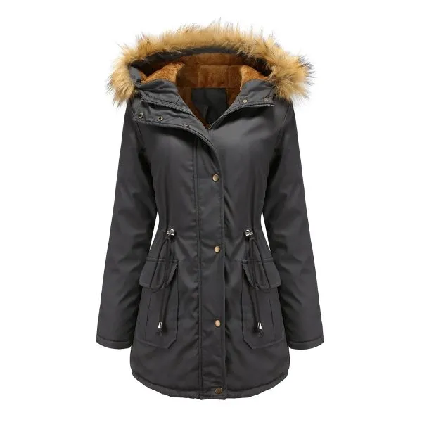 Loose parka coat with borg lining and big faux fur trim for women