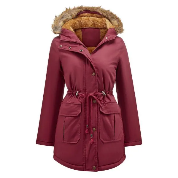 Loose parka coat with borg lining and big faux fur trim for women