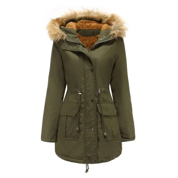 Loose parka coat with borg lining and big faux fur trim for women