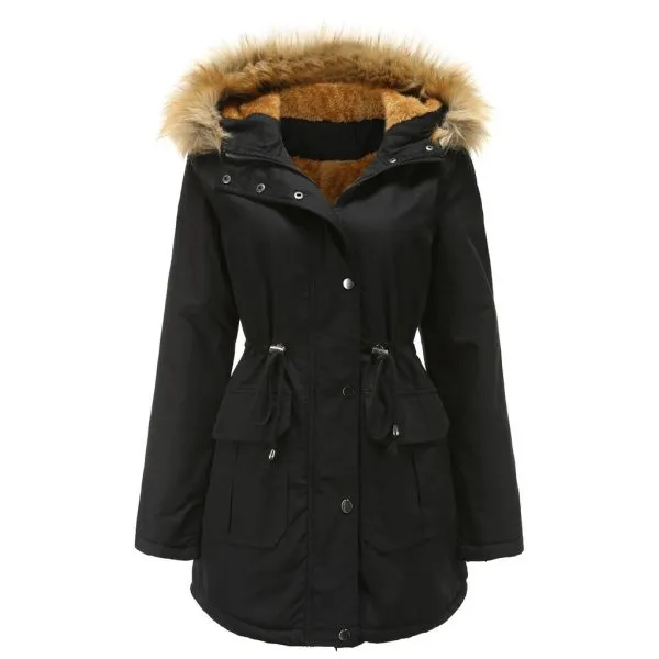 Loose parka coat with borg lining and big faux fur trim for women