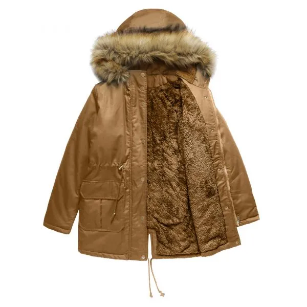 Loose parka coat with borg lining and big faux fur trim for women