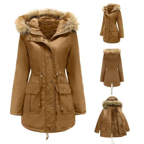 Loose parka coat with borg lining and big faux fur trim for women