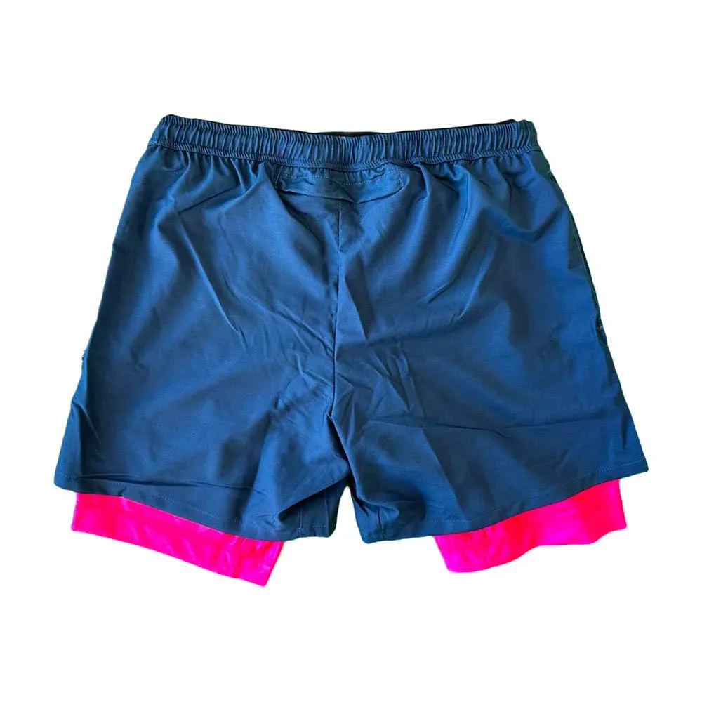 Mens 2-1 Solid Compression Navy with Neon Pink Liner 7 Short