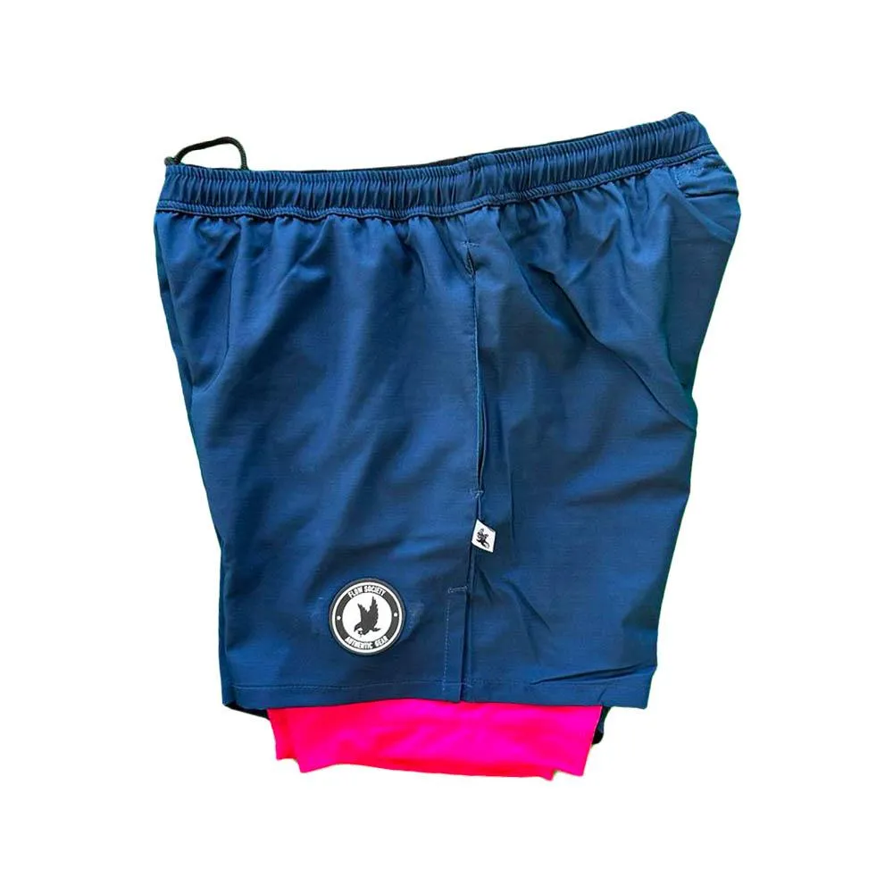 Mens 2-1 Solid Compression Navy with Neon Pink Liner 7 Short