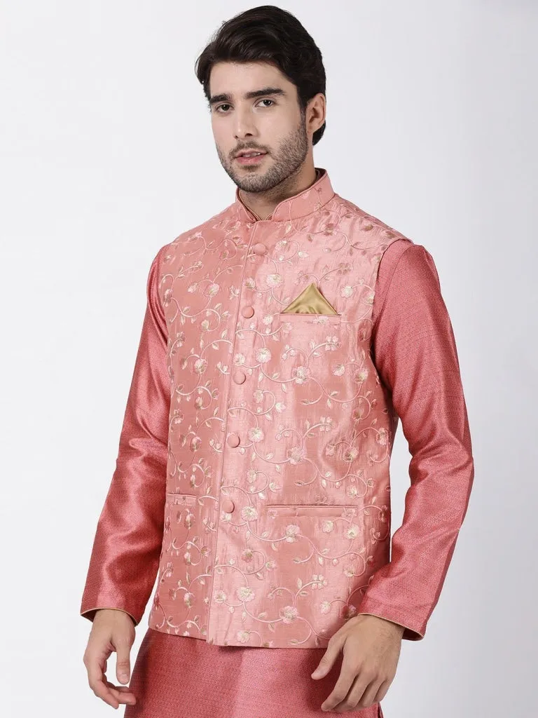 Men's Pink Cotton Silk Blend Ethnic Jacket