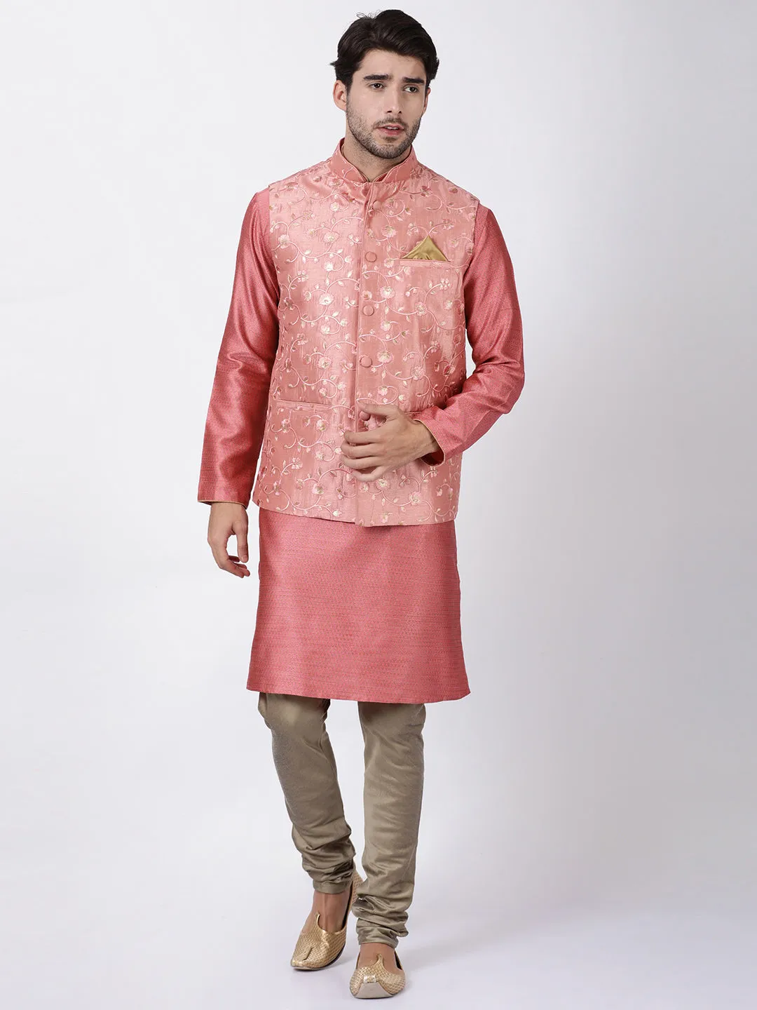 Men's Pink Cotton Silk Blend Ethnic Jacket