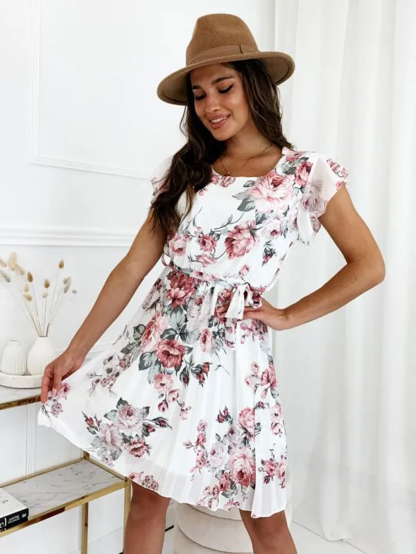 Mini Dresses Black Floral Print Short Sleeves Short Dress