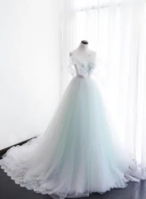 Mint Green and White Glam Tulle with Lace Long Wedding Party Dress, Beautiful Formal Dresses