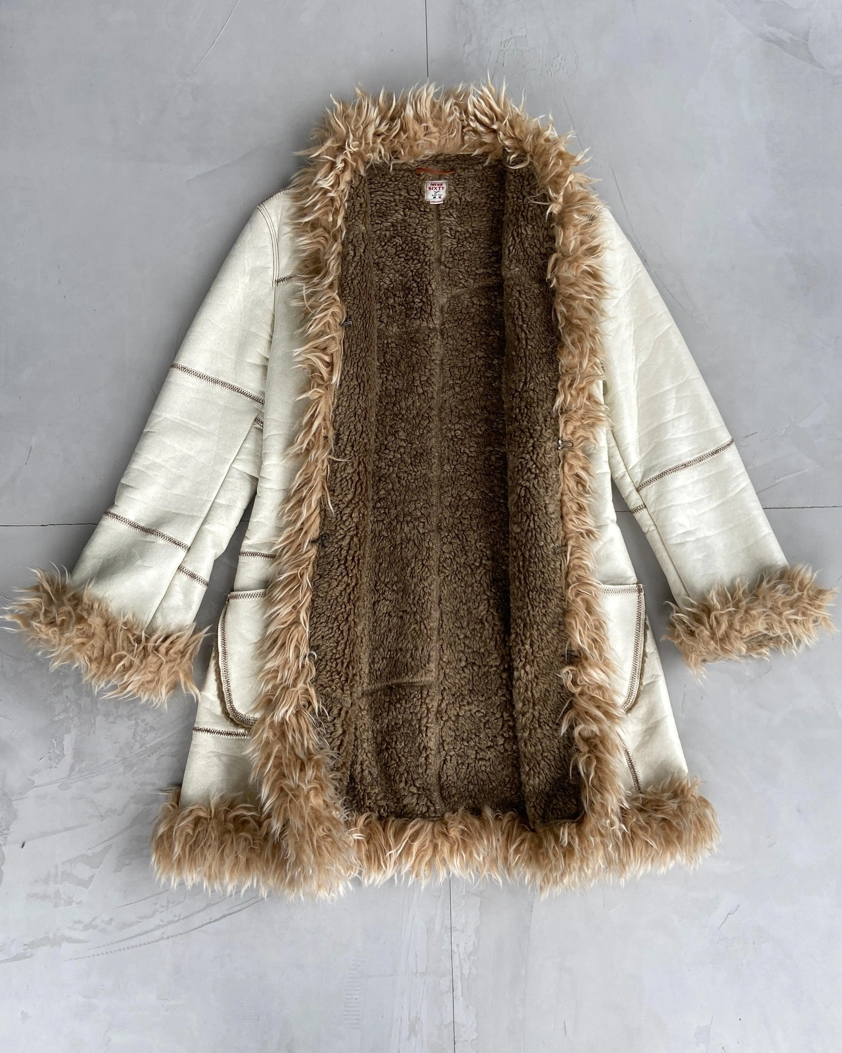 MISS SIXTY 00'S FAUX FUR AND LEATHER AFGHAN COAT