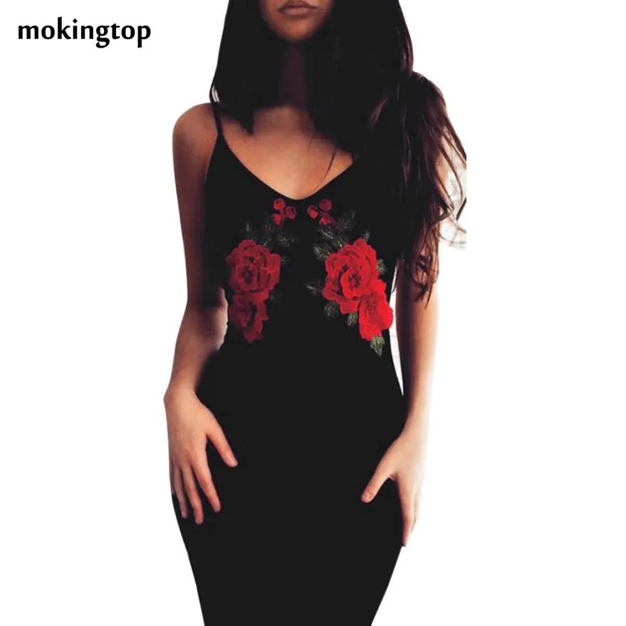 mokingtop Bodycon Dress Sexy Black Rose Floral Off Shoulder Dress Slim Vintage Women Party Dresses Vestidos De Playa#121 SM6