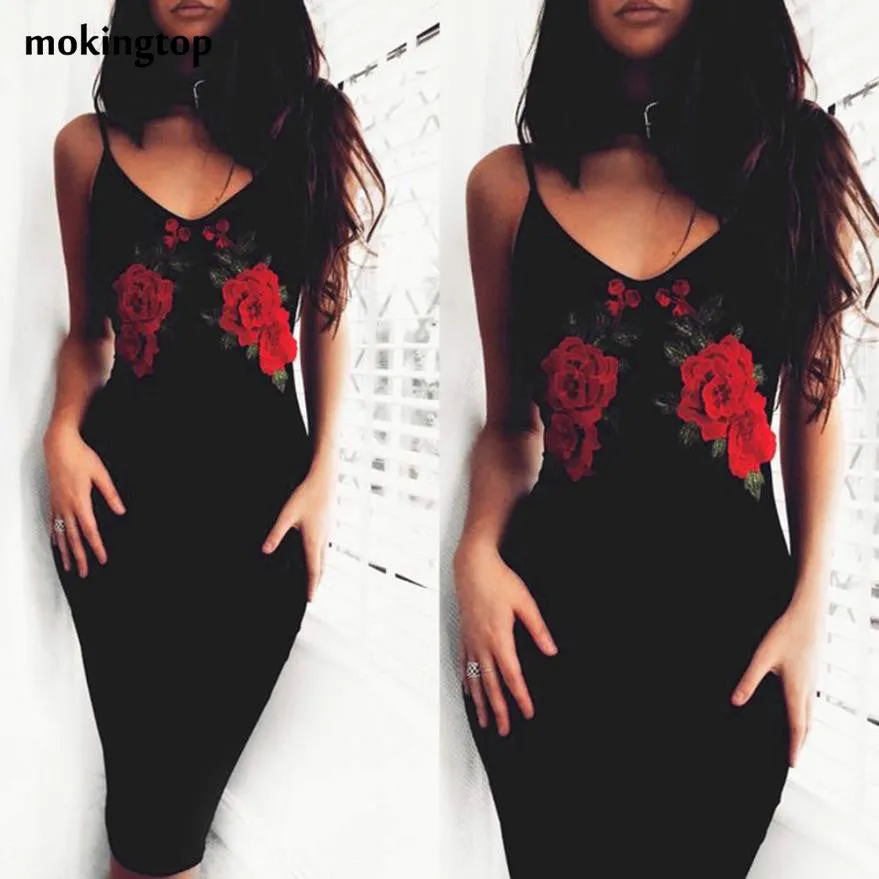 mokingtop Bodycon Dress Sexy Black Rose Floral Off Shoulder Dress Slim Vintage Women Party Dresses Vestidos De Playa#121 SM6