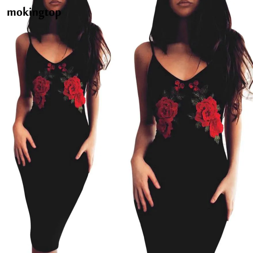 mokingtop Bodycon Dress Sexy Black Rose Floral Off Shoulder Dress Slim Vintage Women Party Dresses Vestidos De Playa#121 SM6