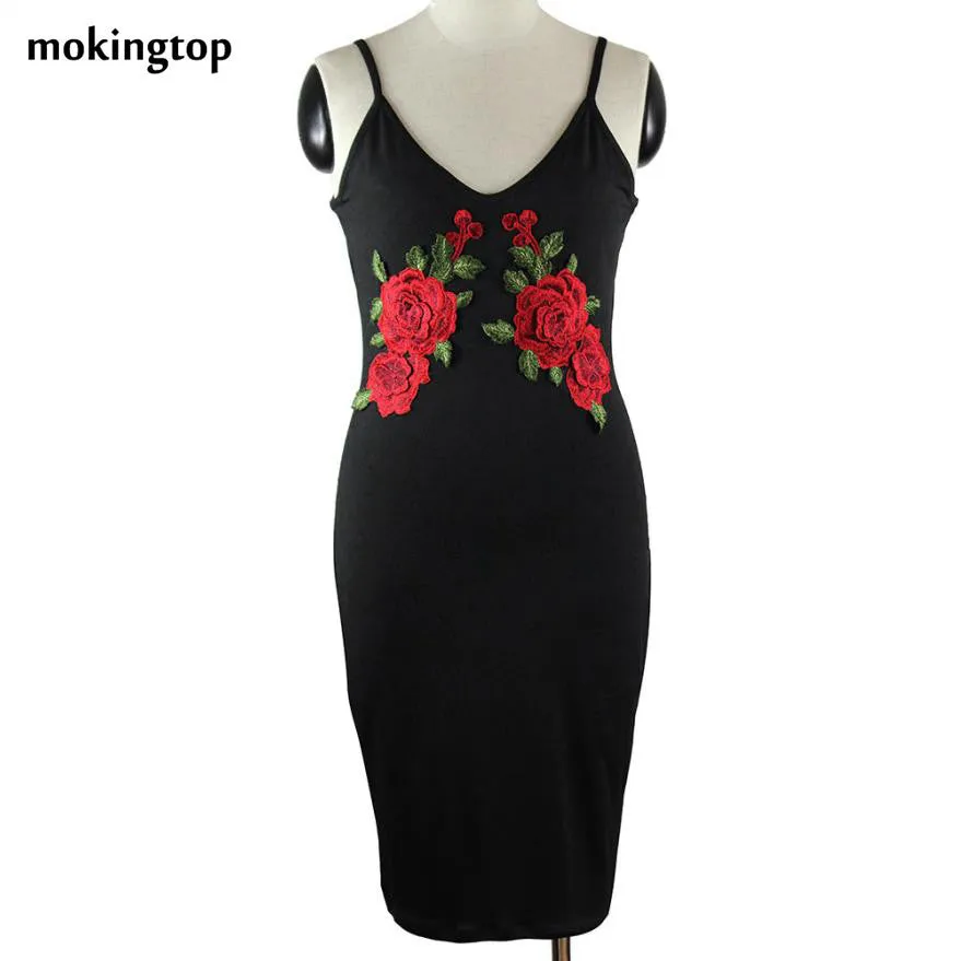 mokingtop Bodycon Dress Sexy Black Rose Floral Off Shoulder Dress Slim Vintage Women Party Dresses Vestidos De Playa#121 SM6