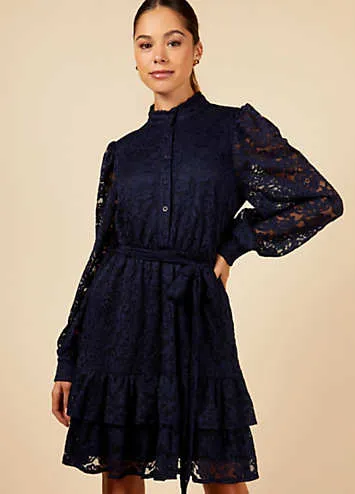 Navy Lace Mini Shirt Dress by Little Mistress | Look Again