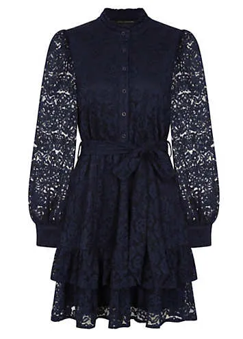 Navy Lace Mini Shirt Dress by Little Mistress | Look Again