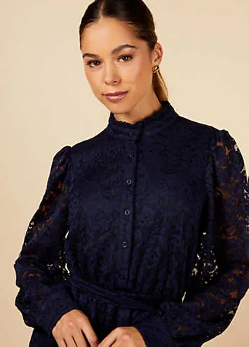 Navy Lace Mini Shirt Dress by Little Mistress | Look Again