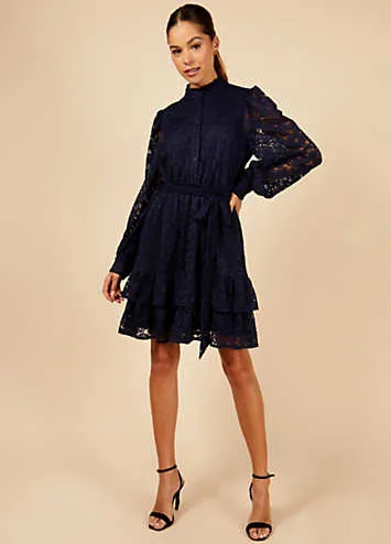 Navy Lace Mini Shirt Dress by Little Mistress | Look Again