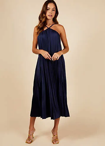 Navy Satin Pleated Midaxi Dress by Little Mistress | Look Again