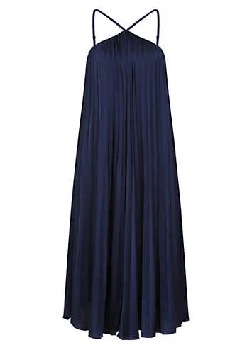 Navy Satin Pleated Midaxi Dress by Little Mistress | Look Again