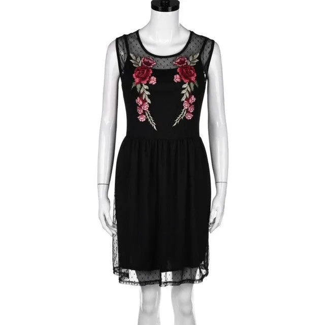 New Appliques Embroidery Floral Dress Women Sexy A-line Lace Splice Sleeveless O Neck Mini Dress vestidos mujer #43 GS