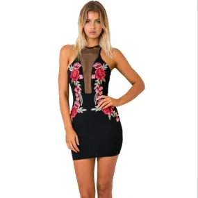 New Appliques Floral Women Bandage Bodycon Mesh Hollow Out Zipper Dresses Ladies Sleeveless  Mini Dress Robe Femme#63 GS