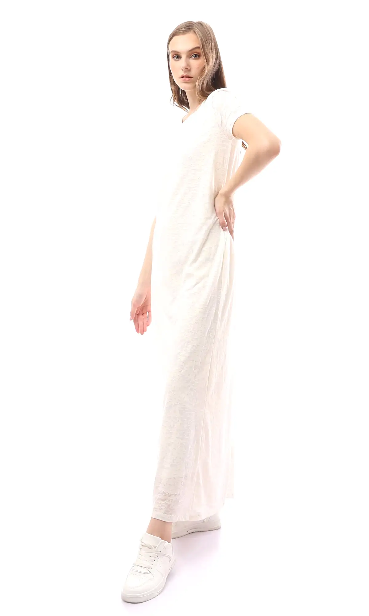 O171223 Heather Off-White Shor Sleeves Cotton Maxi Dress