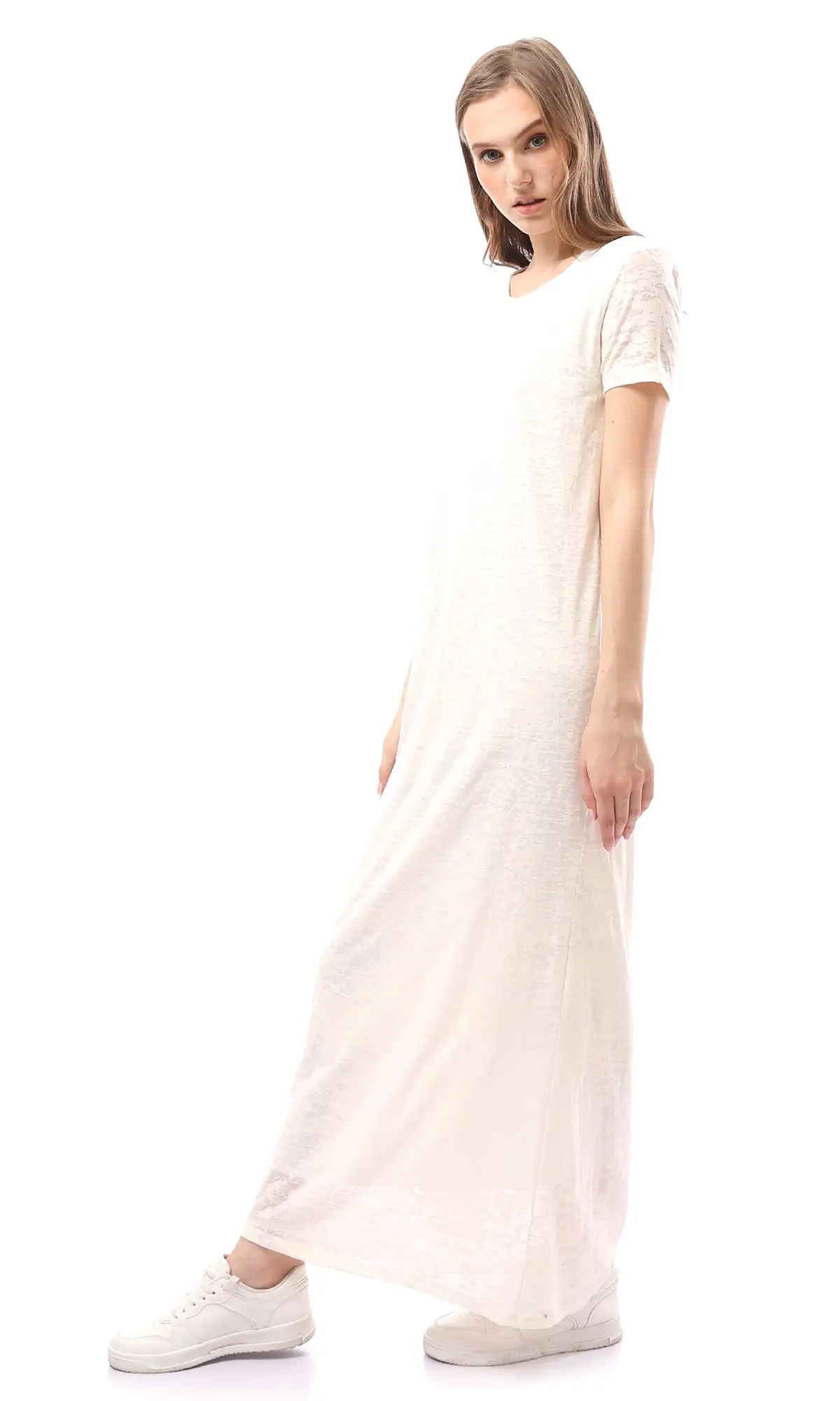 O171223 Heather Off-White Shor Sleeves Cotton Maxi Dress