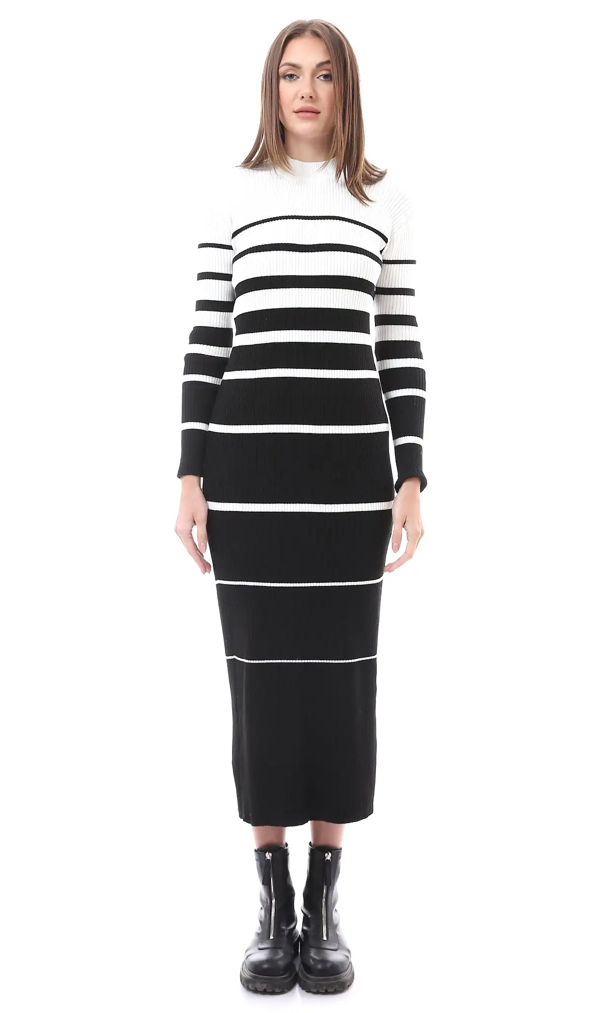 O174521 Unbalanced Bi-Tone Stripes Black & White Maxi Dress