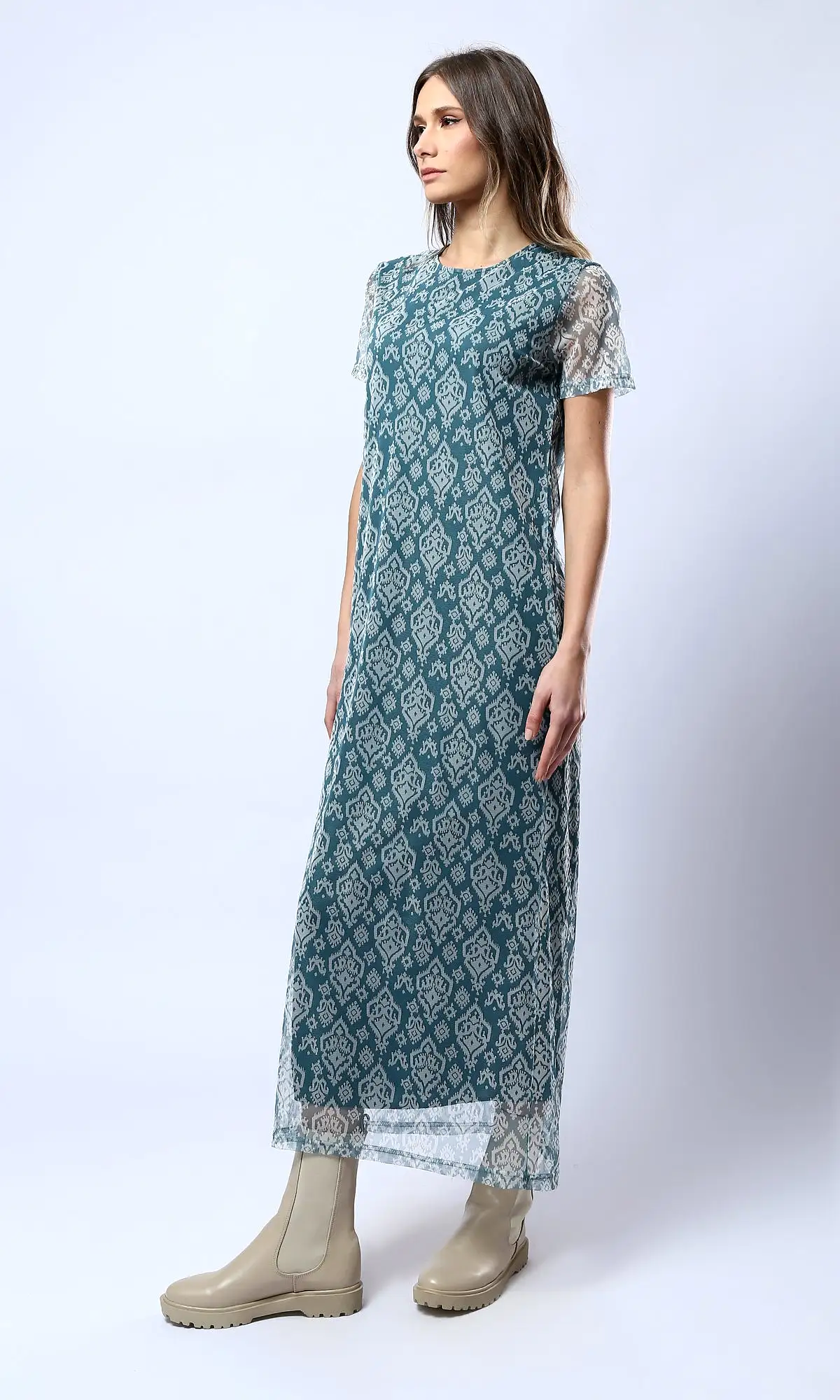 O178300 Patterned Short Sleeves Sea Green & White Dress