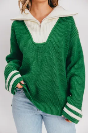 Old Money Pullover Sweater in Green/White Stripe