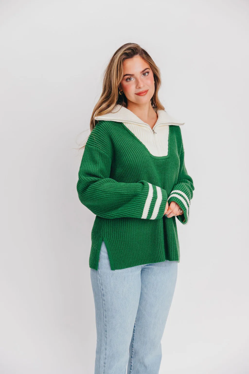 Old Money Pullover Sweater in Green/White Stripe