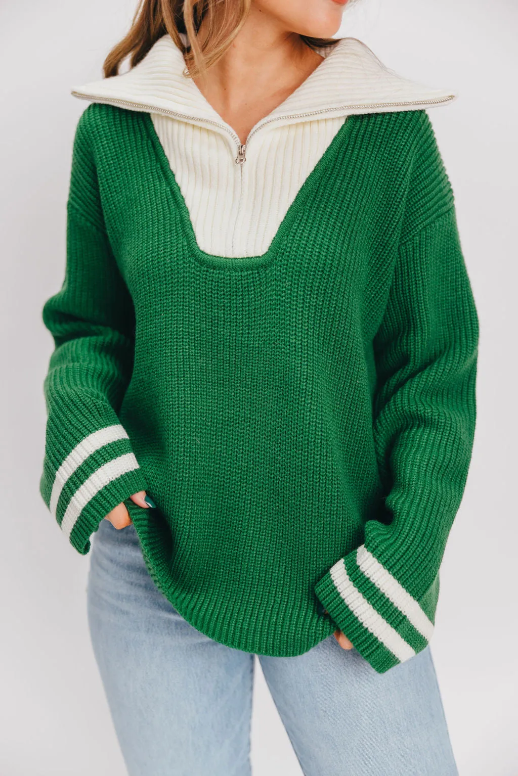 Old Money Pullover Sweater in Green/White Stripe