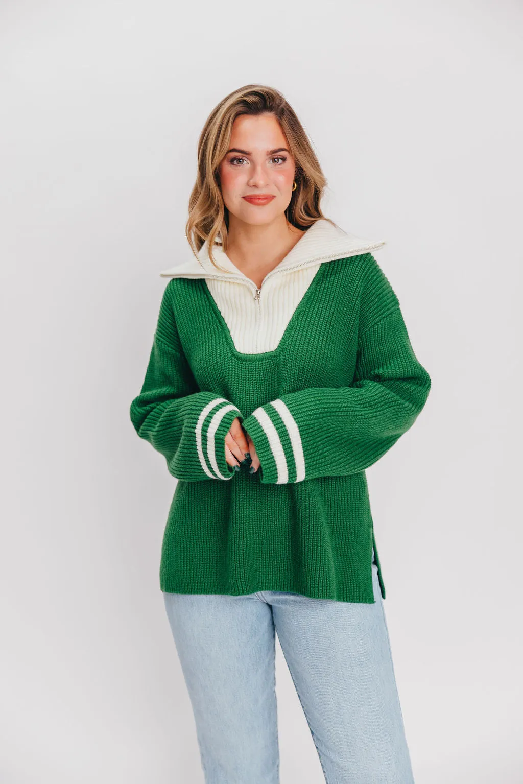 Old Money Pullover Sweater in Green/White Stripe