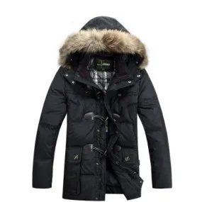 Padded Winter Parka for Men with Fur Lined Hood and Big Buttons