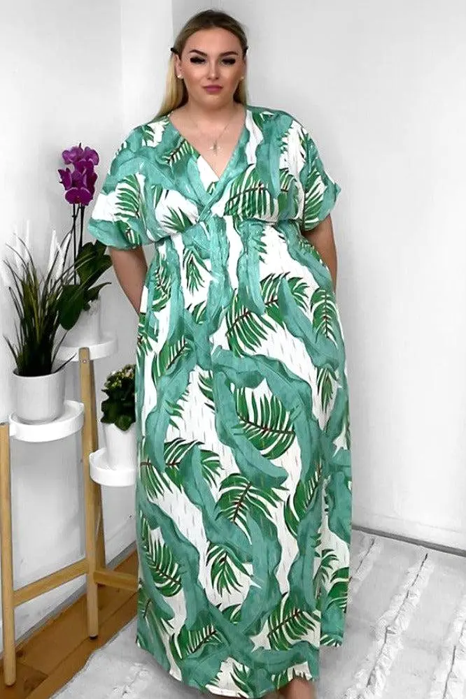 Palm Leaves Print Shirred Waist Maxi Dress