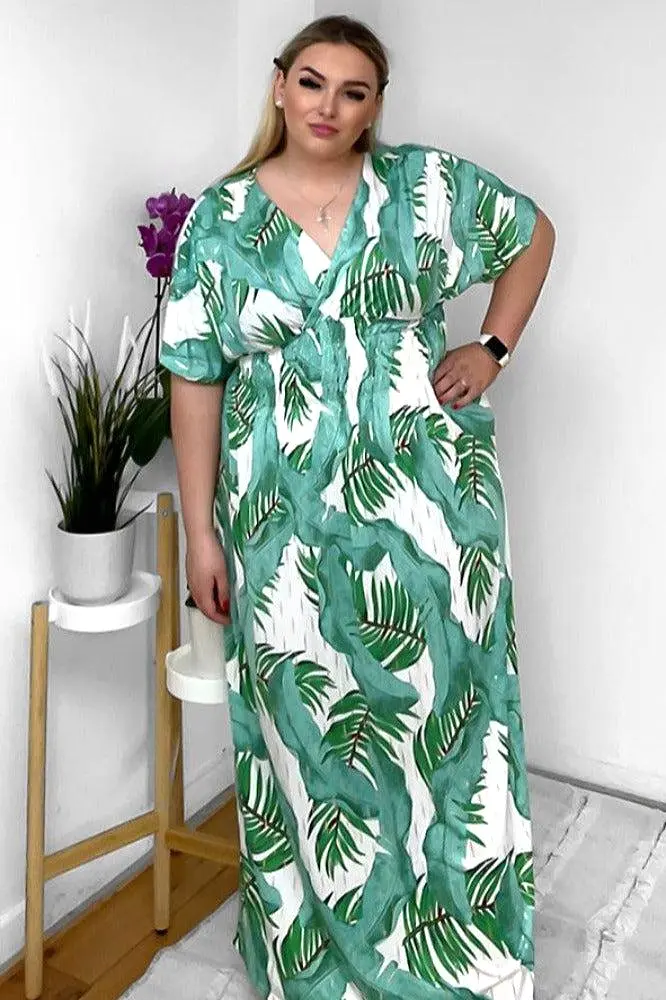 Palm Leaves Print Shirred Waist Maxi Dress